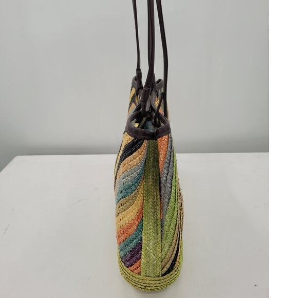 Vintage Rainbow Diagonal  Striped Double Top Handle‎ Straw Handbag Purse - Picture 5 of 10